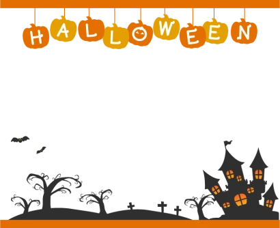 ハロウィン・お城と「HALLOWEEN」文字の上下オレンジ色フレーム・枠イラスト