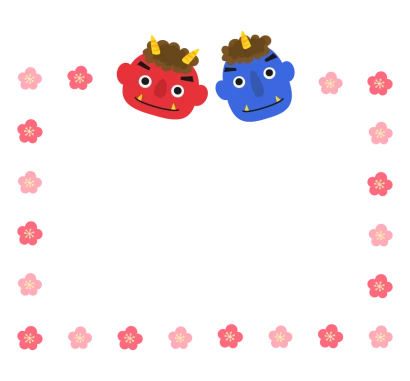 節分・赤鬼青鬼と梅の花の囲みフレーム・枠イラスト