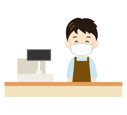 レジとマスクをつけた男性のスーパー・店員・スタッフのイラスト