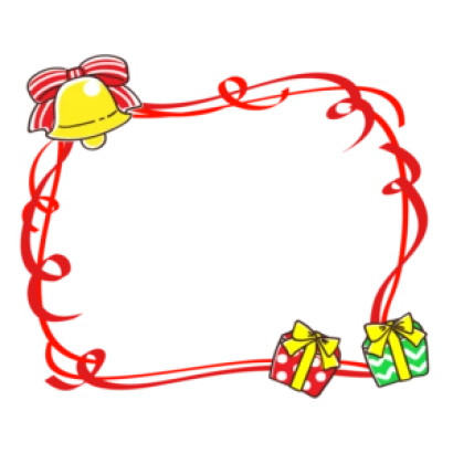 クリスマスプレゼントとベルの赤いリボンのフレーム・枠イラスト