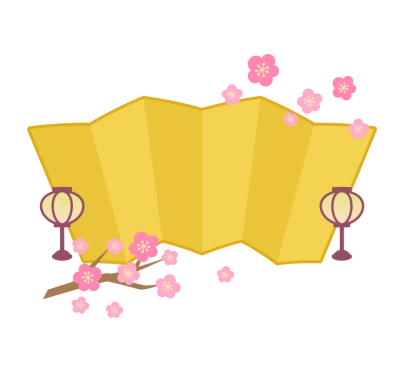 梅の花と金屏風とぼんぼりのひな祭りフレーム・枠イラスト