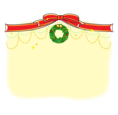 クリスマスリースと赤いリボンのキラキラ黄色フレーム・枠イラスト