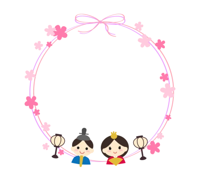 お雛さまとお花のリボン風円形フレーム・枠イラスト