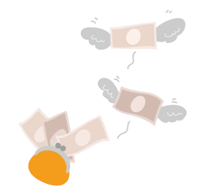 羽が生えて飛んでいるお札・お金とお財布のイラスト