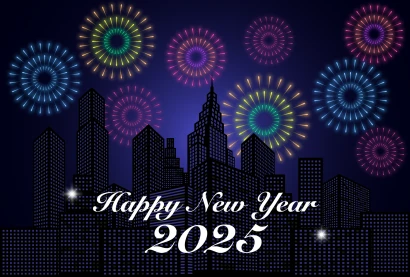 都市の花火のHAPPY NEW YEAR 2025のイラスト