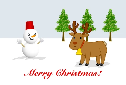 トナカイと雪だるまのクリスマスカードのイラスト