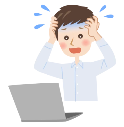 パソコンを見て頭を抱えて焦る男性のイラスト