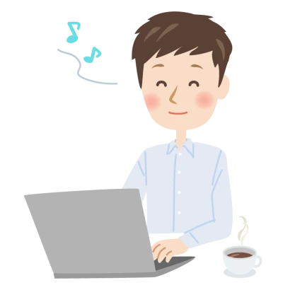 パソコンをしながら笑顔で音符を浮かべる男性のイラスト