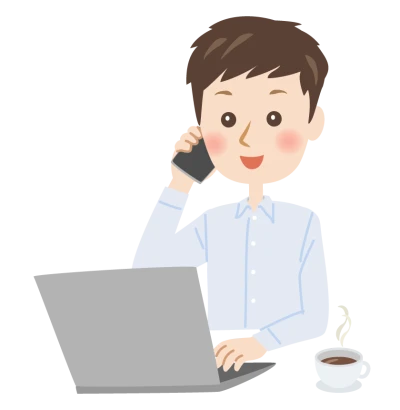 パソコンを前にスマホで電話をする男性のイラスト