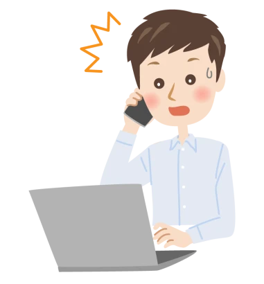 パソコンを前にスマホで電話をして驚く男性のイラスト