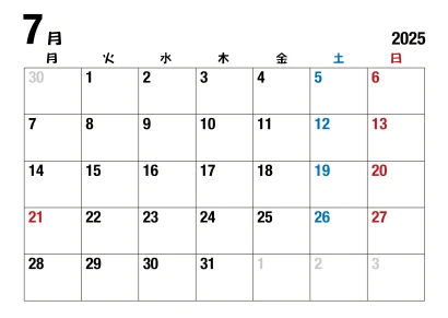 2025年7月カレンダー（月曜始・太字）のイラスト