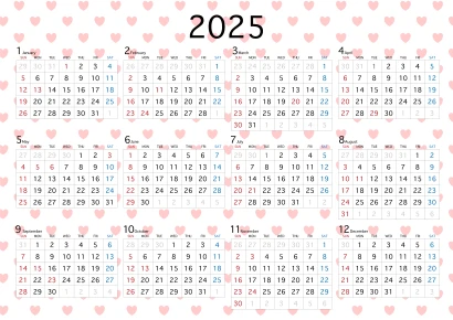 ハート柄の2025年カレンダーのイラスト