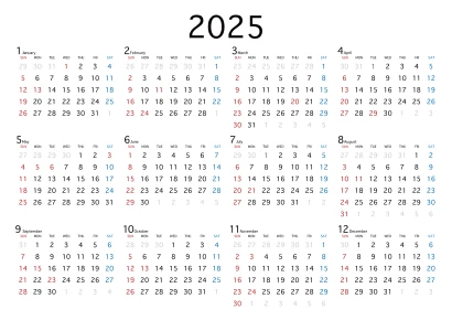 シンプルなデザインの2025年年カレンダーのイラスト