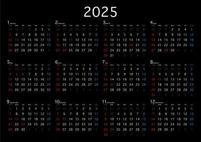 黒色の2025年カレンダーのイラスト