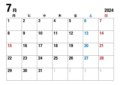 2024年7月カレンダー（月曜始・日本語）のイラスト