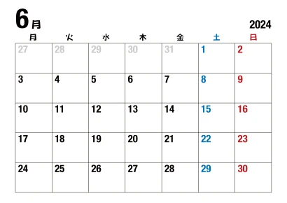 2024年6月カレンダー（月曜始・日本語）のイラスト