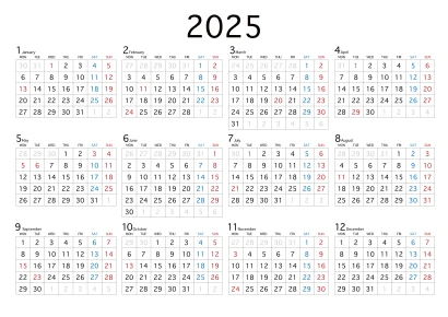 2025年カレンダー（月曜始まり）のイラスト