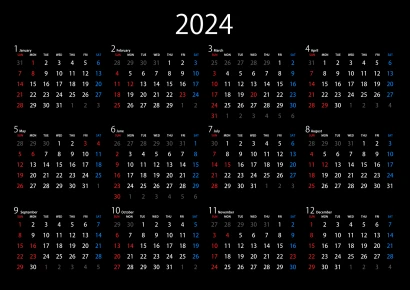 黒色の2024年カレンダーのイラスト