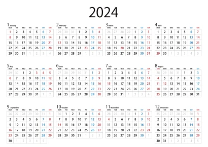 2024年カレンダー（月曜始まり）のイラスト