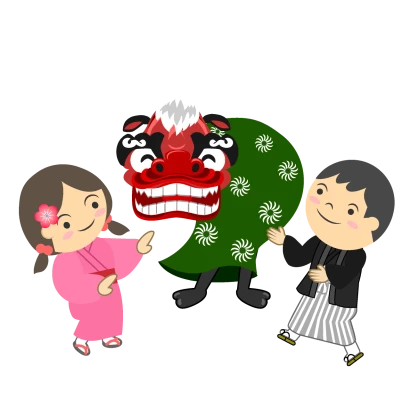 獅子舞と子供のイラスト