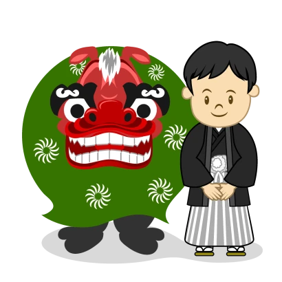 獅子舞と男の子のイラスト