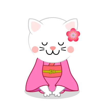 着物姿でお辞儀する白ネコのイラスト
